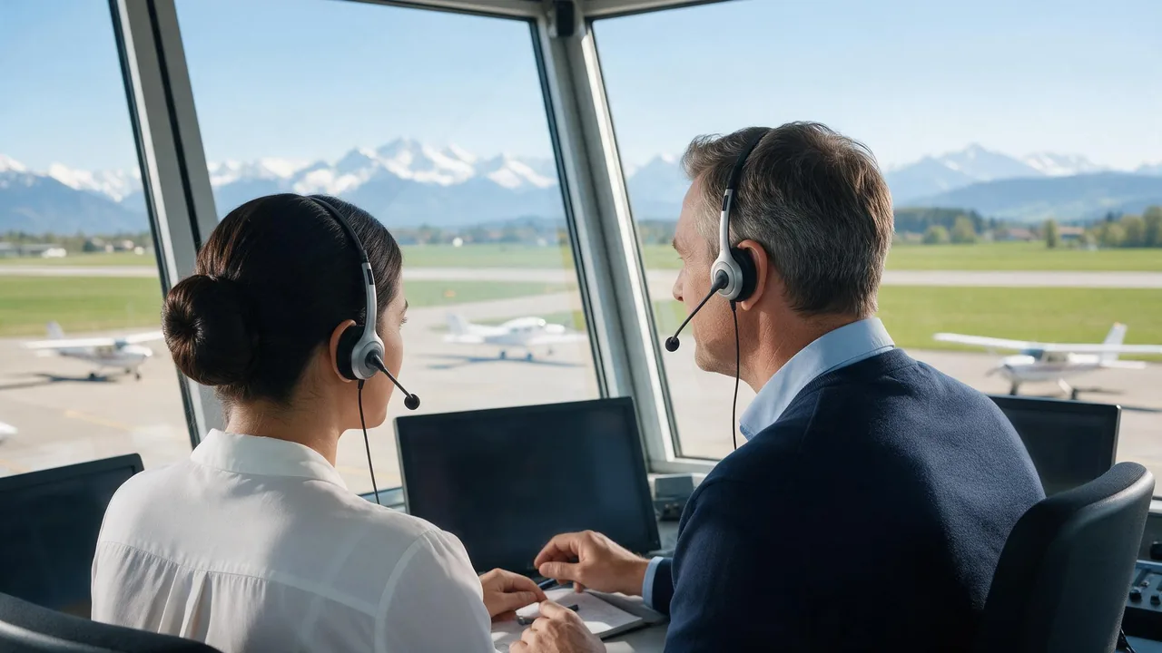 Fluglotsin und Fluglotse im Tower mit Blick auf Vorfeld und Alpen