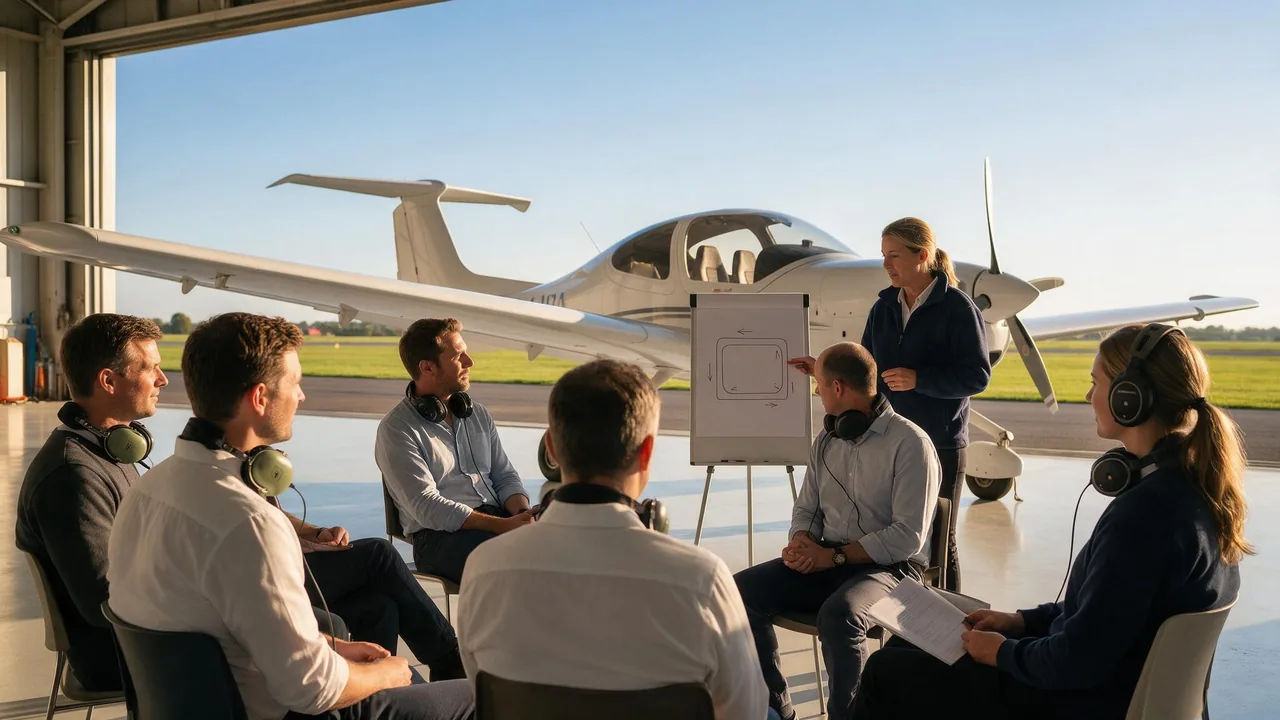 Unterricht im Hangar vor einer Diamond DA40, Schueler im Halbkreis