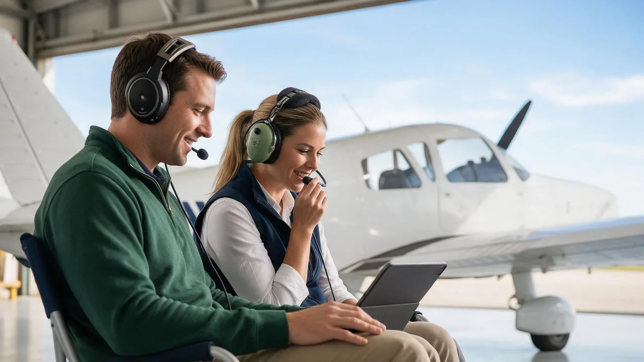 Zwei Flugschueler ueben im Hangar neben einer Piper PA-28 mit Tablet und Headset Funk