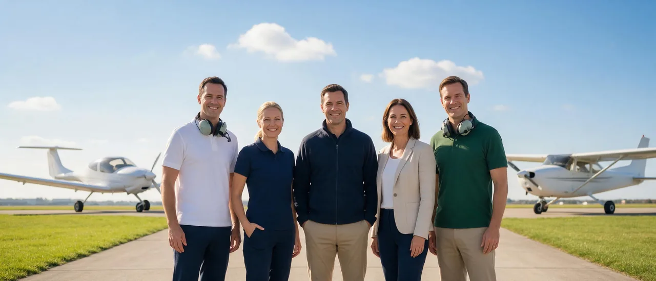 Flugschulteam auf dem Vorfeld vor zwei Schulflugzeugen
