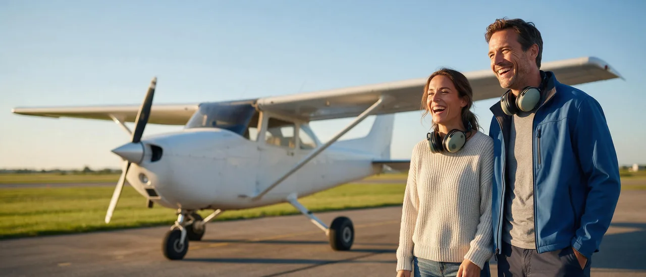 Pilotin und Pilot lachend vor einer Cessna 172 im Abendlicht